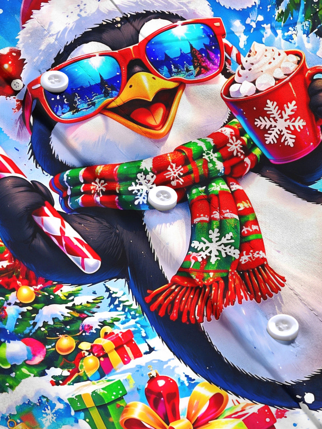 Oceanlyte Men's Long Sleeve Shirt - Christmas Penguin With Santa Hat And Sunglasses Print with Chest Pocket