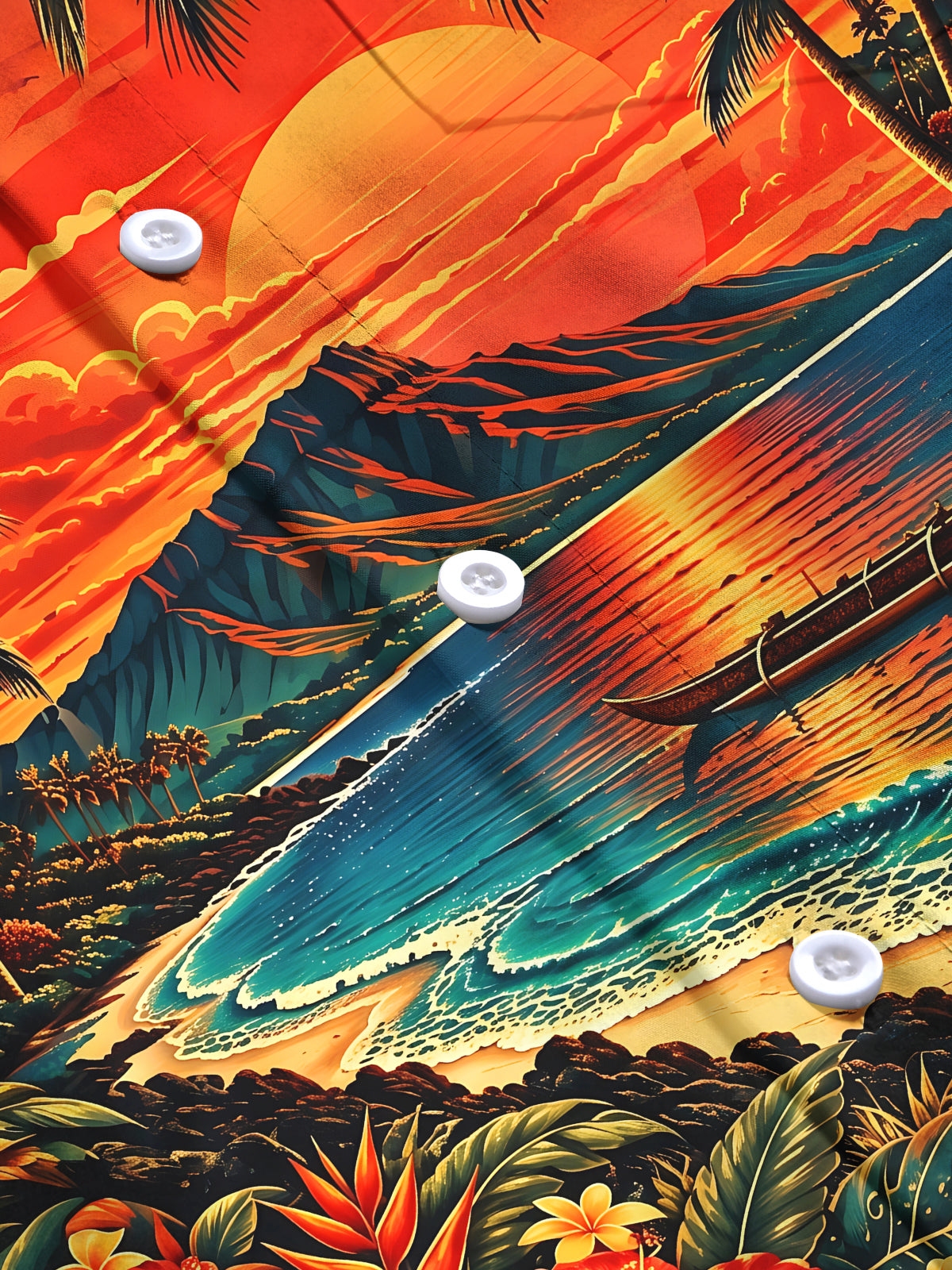 Oceanlyte Men's Long Sleeve Shirt - Hawaiian Sunset Beach Scene With Palm Trees And Hibiscus Print with Chest Pocket