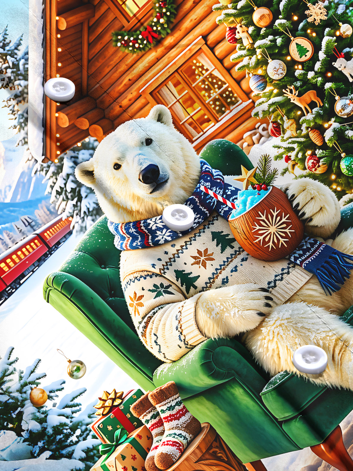 Oceanlyte Men's Long Sleeve Shirt - Christmas Polar Bear In Winter Cabin Scene Print with Chest Pocket