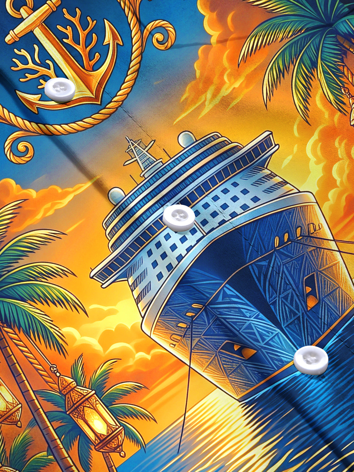 Oceanlyte Men's Cruise Ship And Palm Trees Print Long Sleeve Stand Collar Shirt