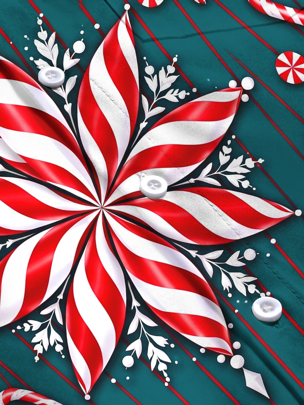 Oceanlyte Men's Long Sleeve Shirt - Christmas Candy Cane And Peppermint Snowflake Print with Chest Pocket