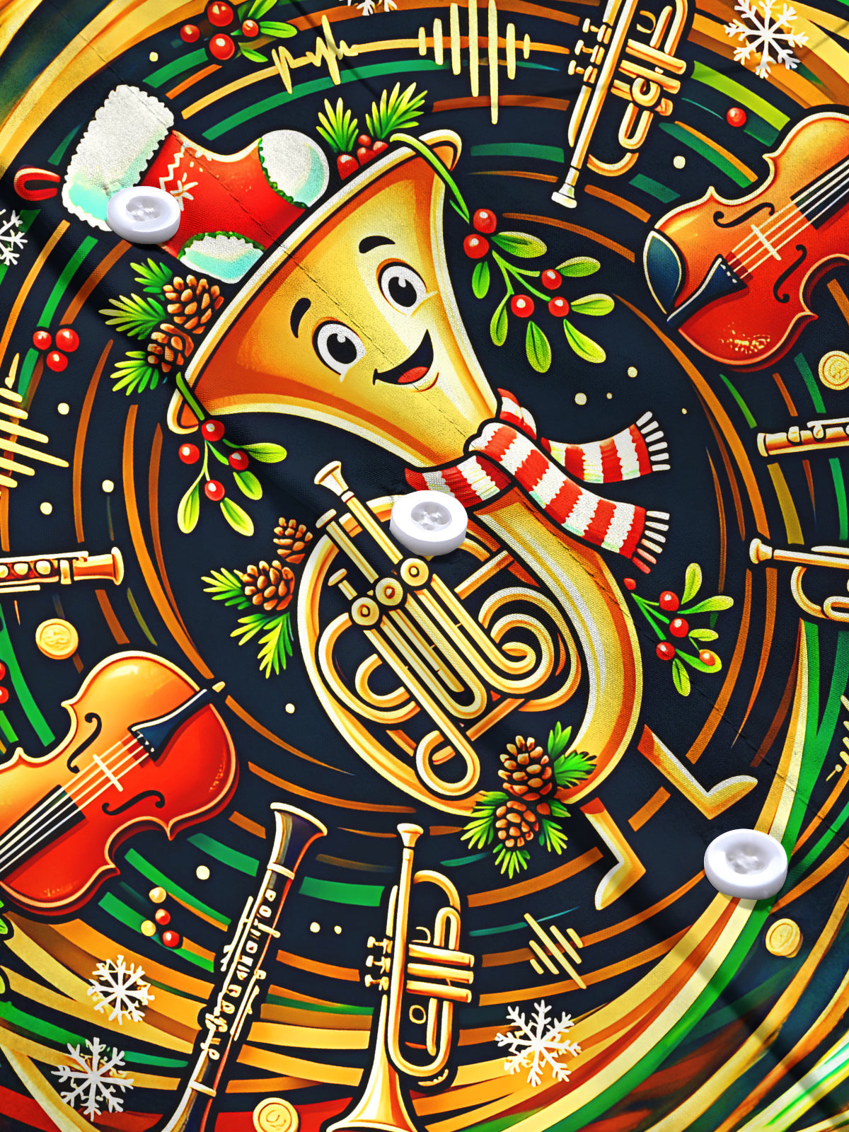 Oceanlyte Men's Graphic Christmas Musical Instruments Print Long Sleeve Shirt with Chest Pocket