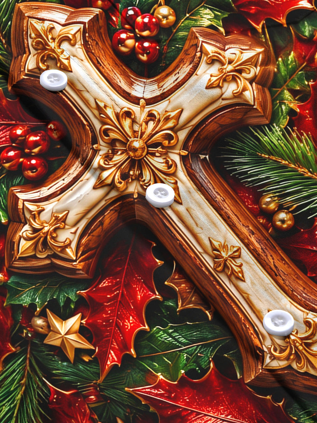Oceanlyte Men's Long Sleeve Shirt - Christmas 3D Cross With Holly Leaves And Berries Print with Chest Pocket