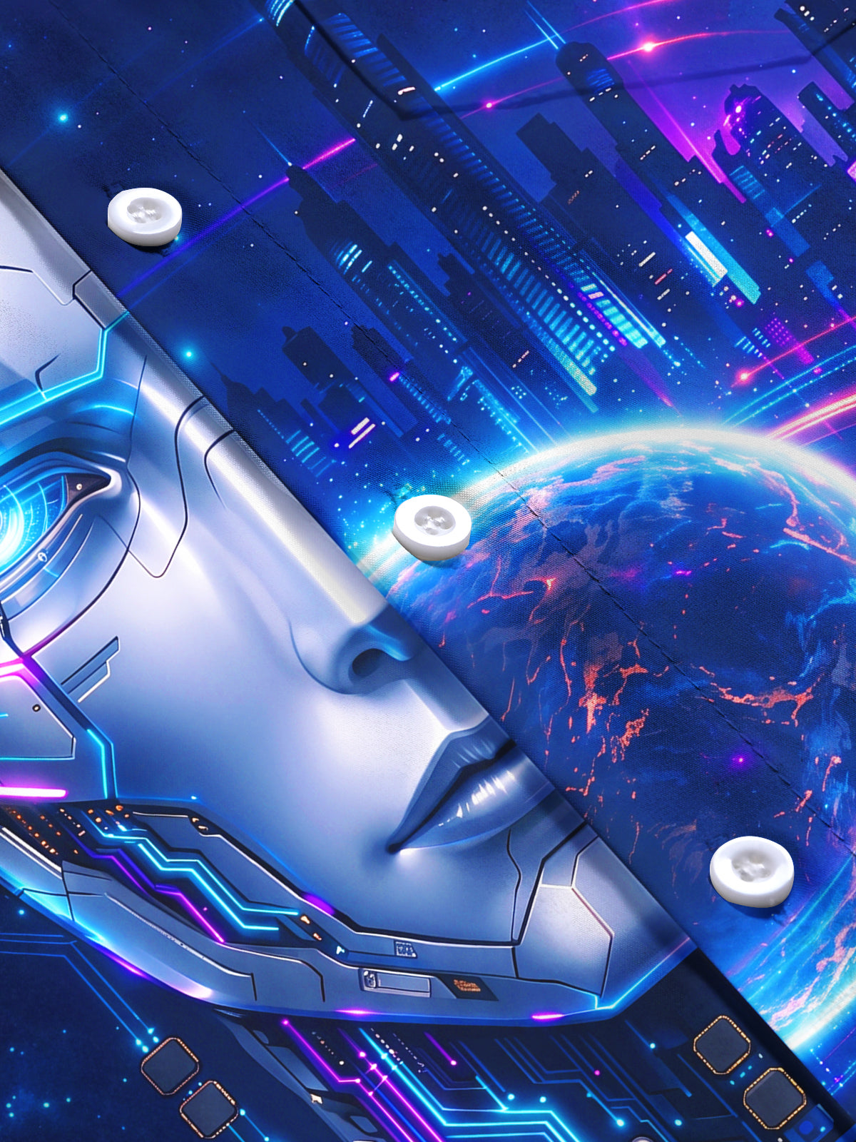 Oceanlyte Men's Long Sleeve Shirt - Cyber Robot Face And Futuristic Cityscape Print with Chest Pocket