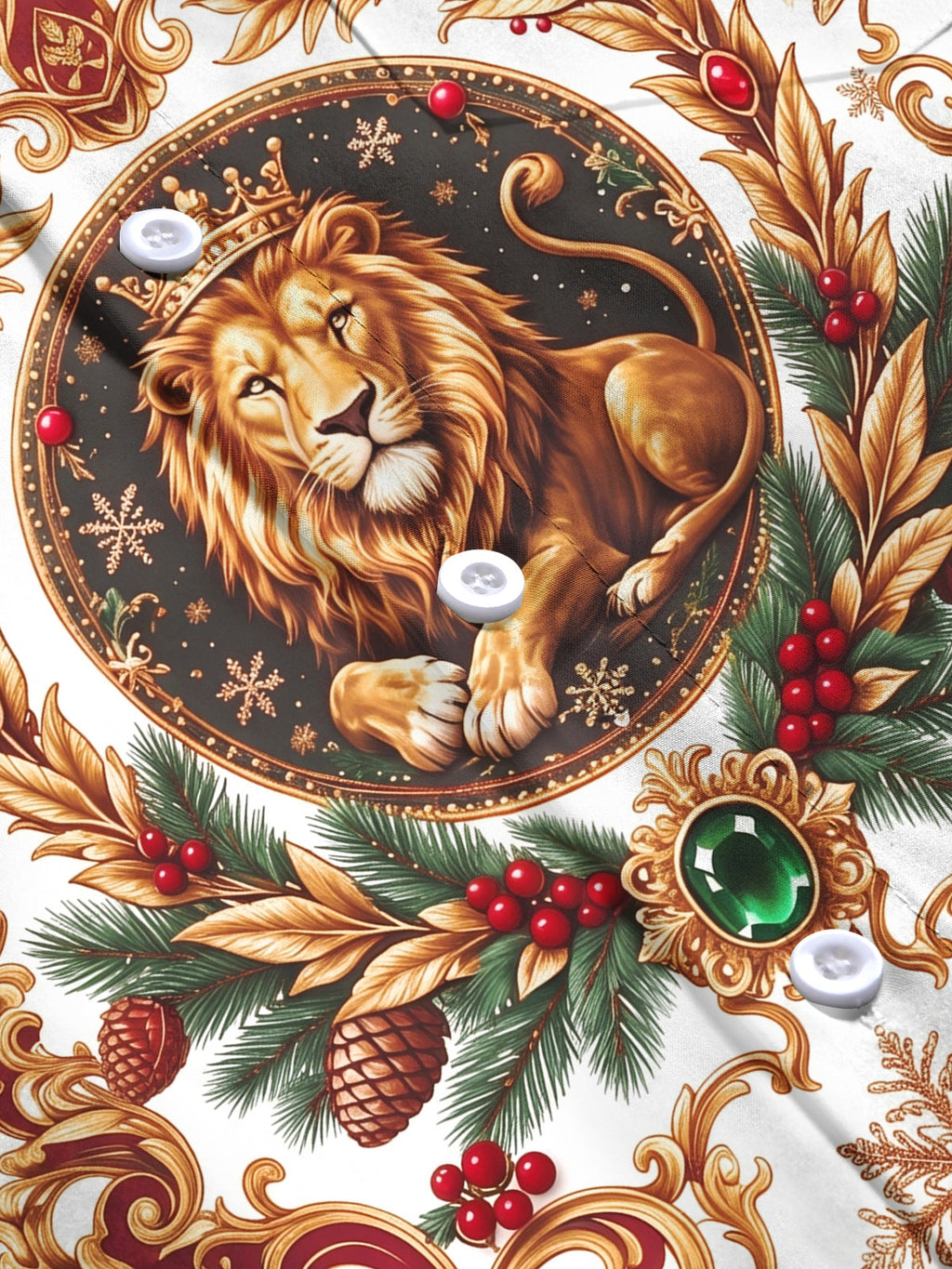 Oceanlyte Men's Crowned Lion And Christmas Wreath Print Long Sleeve Shirt with Chest Pocket