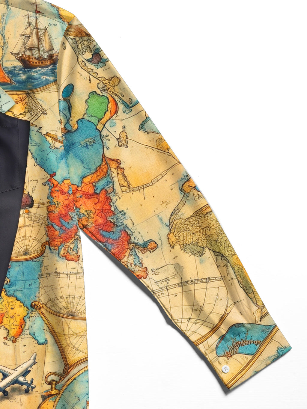 Oceanlyte Men's Vintage Map And Compass Print Long Sleeve Shirt with Chest Pocket