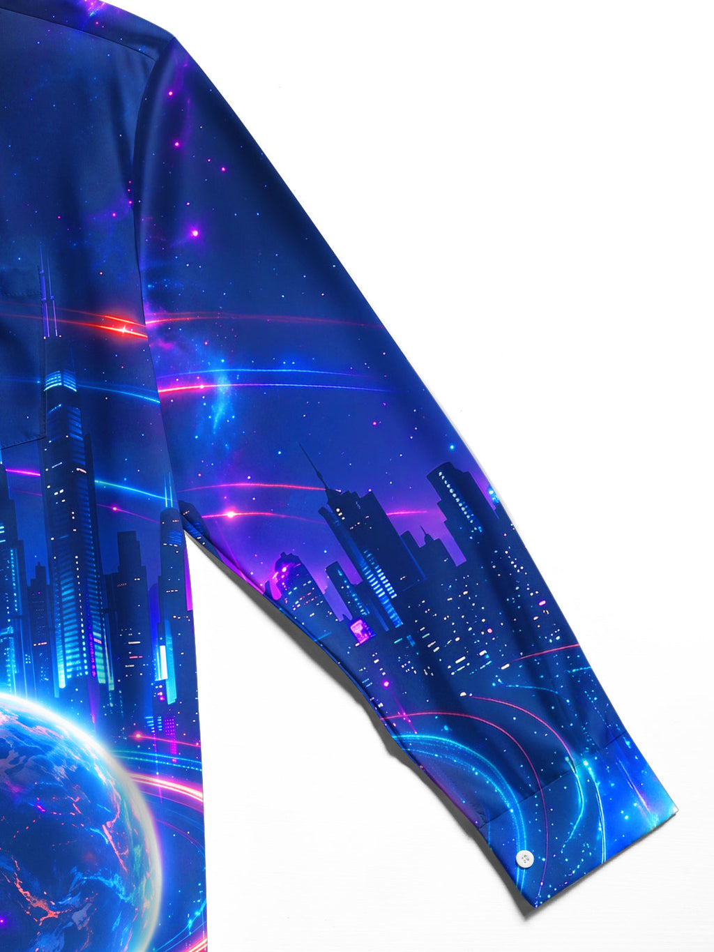 Oceanlyte Men's Long Sleeve Shirt - Cyber Robot Face And Futuristic Cityscape Print with Chest Pocket