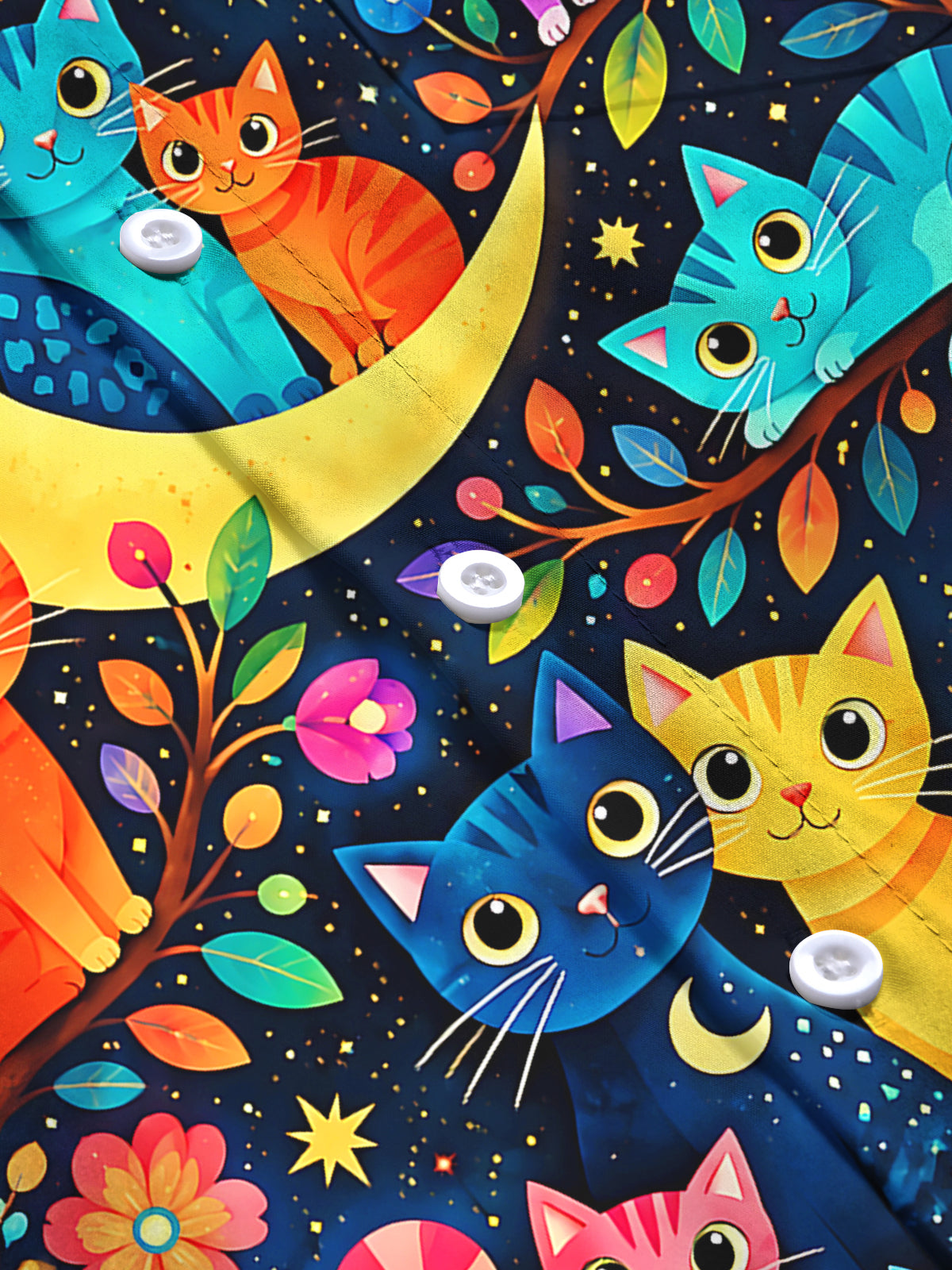 Oceanlyte Men's Hawaiian Colorful Cats Print Night Sky Print Long Sleeve Shirt with Chest Pocket