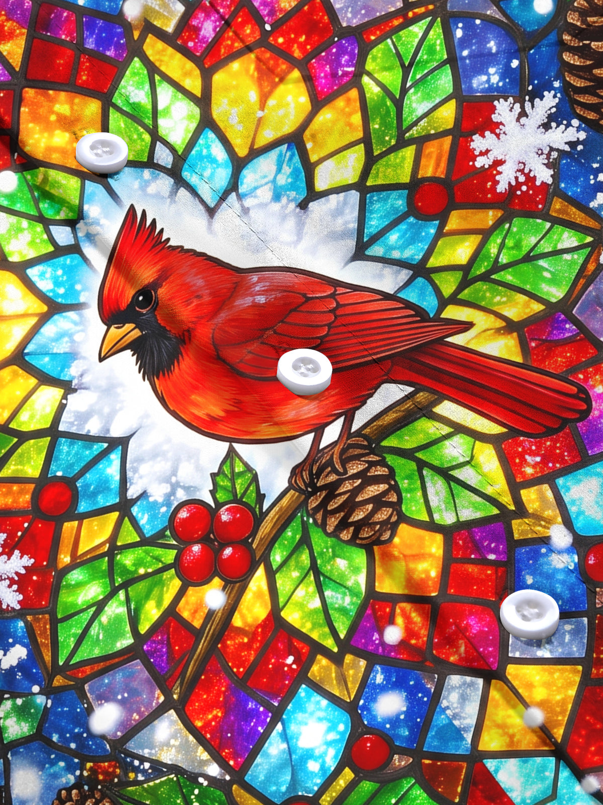 Oceanlyte Men's Christmas Stained Glass Cardinal Bird Print Long Sleeve Shirt with Chest Pocket