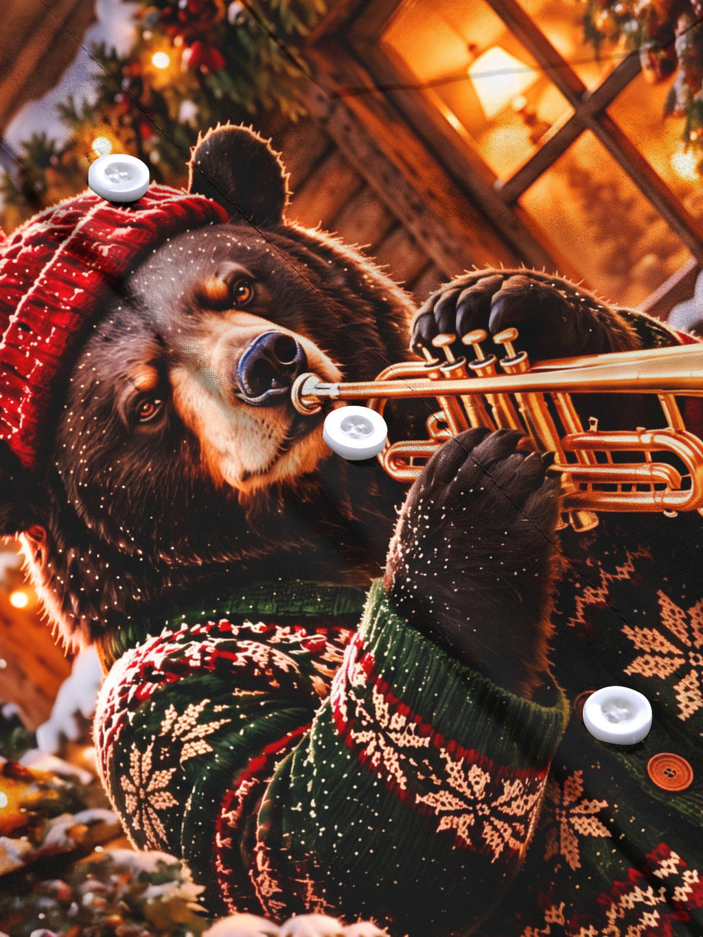 Oceanlyte Men's Long Sleeve Shirt - Christmas Brown Bear Playing Trumpet In Winter Scene Print with Chest Pocket