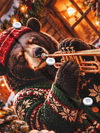 Oceanlyte Men's Long Sleeve Shirt - Christmas Brown Bear Playing Trumpet In Winter Scene Print with Chest Pocket