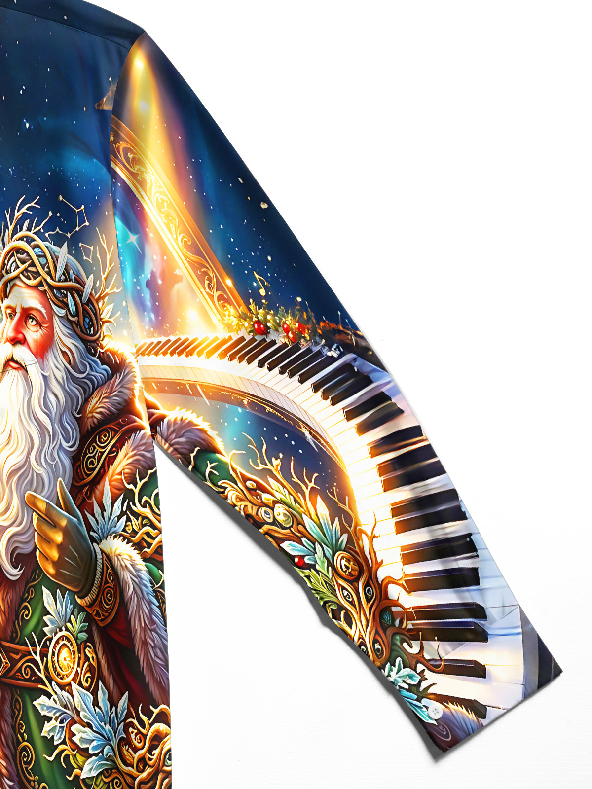 Oceanlyte Men's Santa Claus With Piano Keys And Lantern Print Long Sleeve Shirt with Chest Pocket