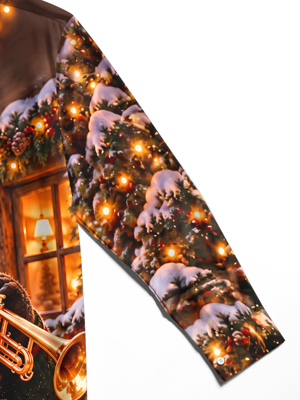 Oceanlyte Men's Long Sleeve Shirt - Christmas Brown Bear Playing Trumpet In Winter Scene Print with Chest Pocket