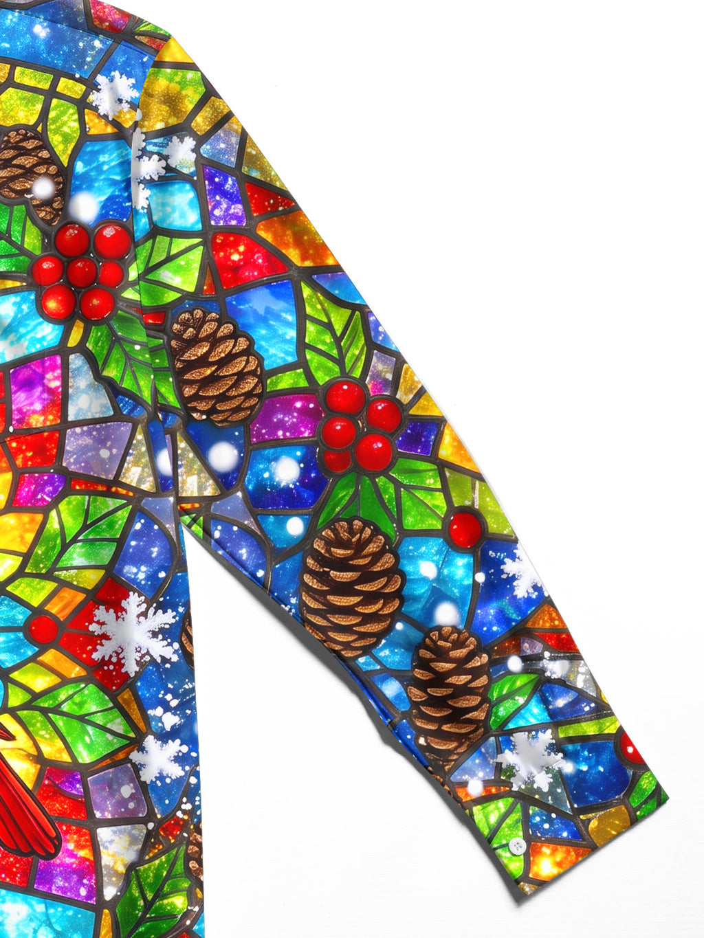 Oceanlyte Men's Christmas Stained Glass Cardinal Bird Print Long Sleeve Shirt with Chest Pocket