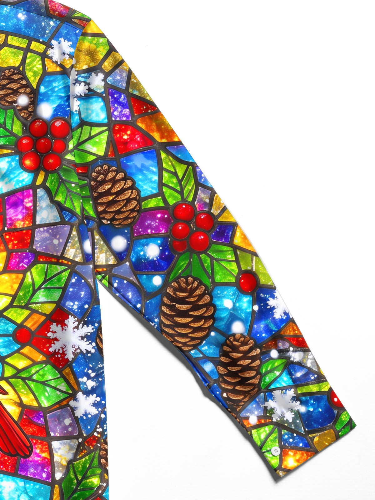 Oceanlyte Men's Christmas Stained Glass Cardinal Bird Print Long Sleeve Shirt with Chest Pocket