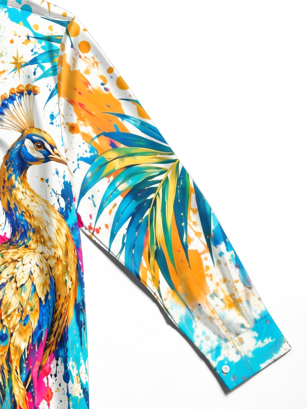 Oceanlyte Men's Hawaiian Peacock And Palm Leaves Print Long Sleeve Shirt with Chest Pocket