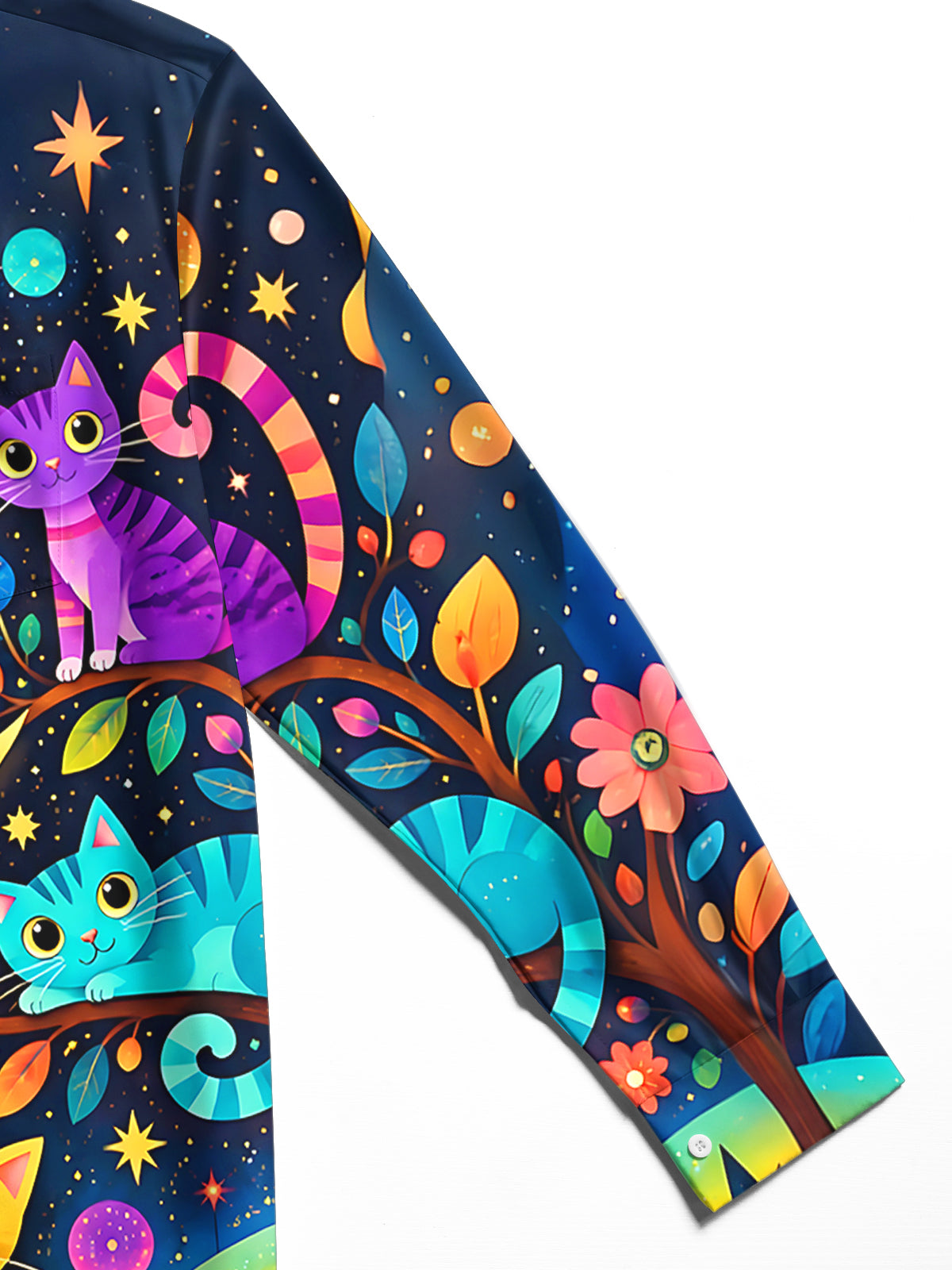 Oceanlyte Men's Hawaiian Colorful Cats Print Night Sky Print Long Sleeve Shirt with Chest Pocket