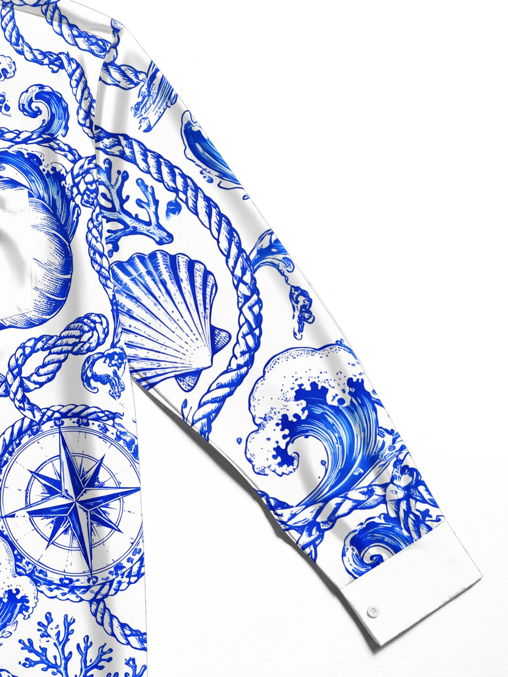 Oceanlyte Men's Hawaiian Nautical Waves And Seashells Print Long Sleeve Shirt with Chest Pocket