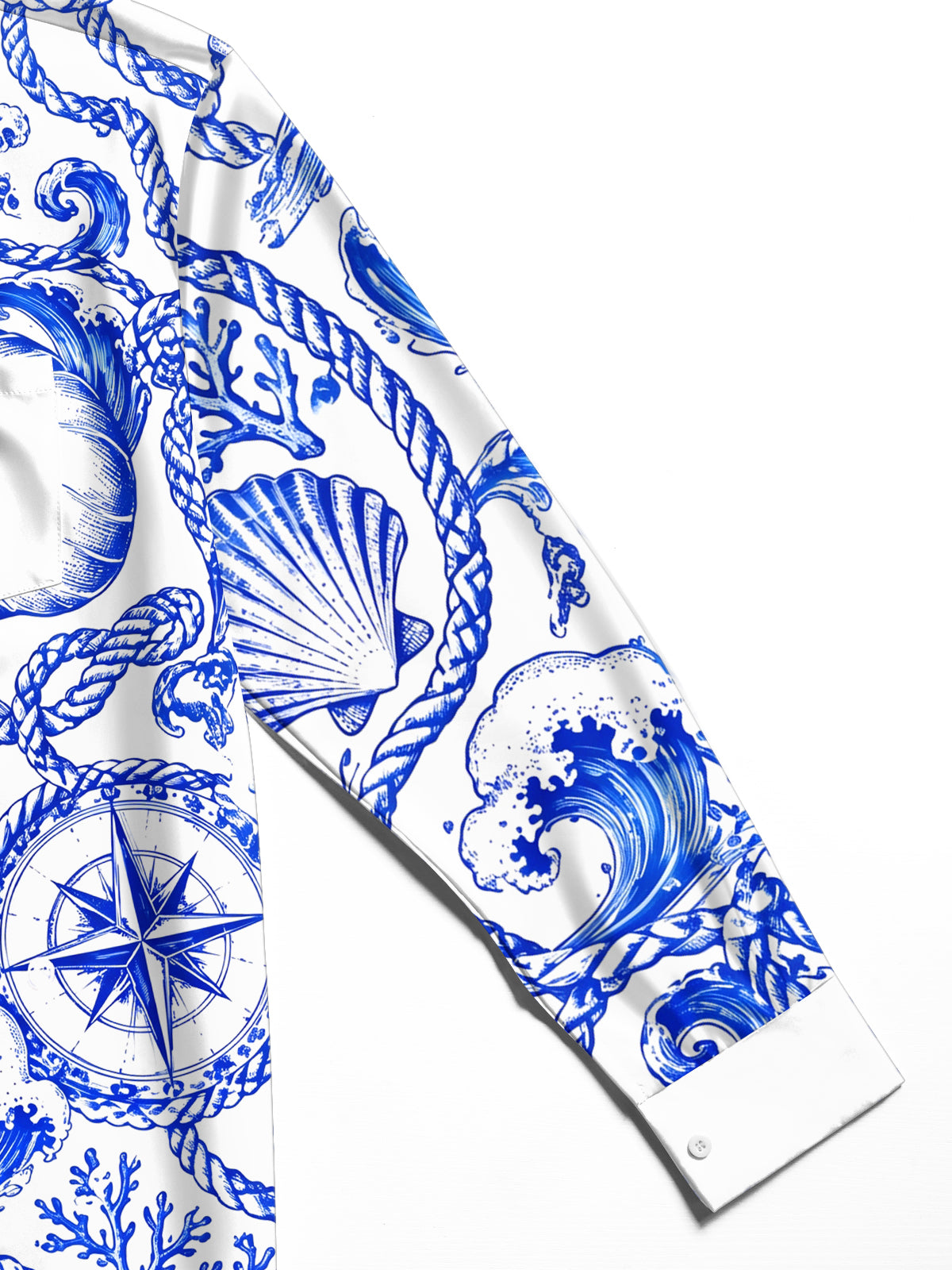 Oceanlyte Men's Hawaiian Nautical Waves And Seashells Print Long Sleeve Shirt with Chest Pocket