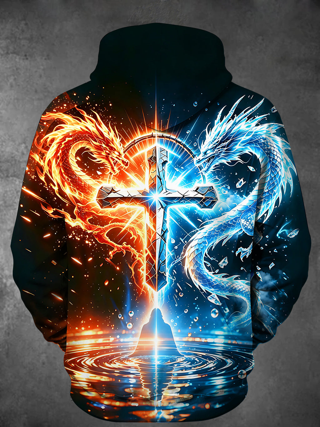 Oceanlyte Men's Ice And Fire Twin Dragons With Cross Print Long Sleeve Hoodie