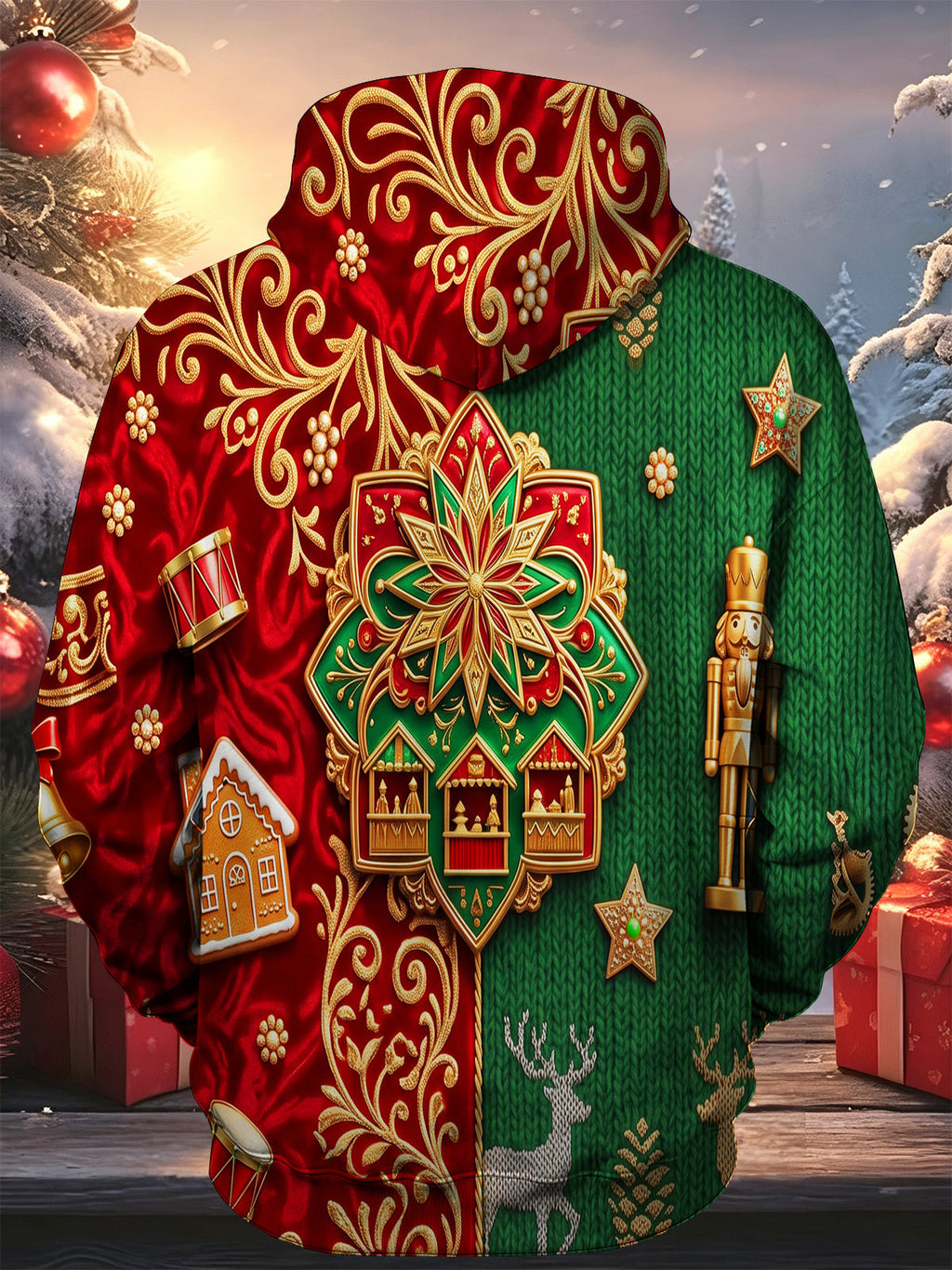 Oceanlyte Men's Long Sleeve Hoodie - Christmas Nutcracker Reindeer Gingerbread Houses Carriages And Carousel Print