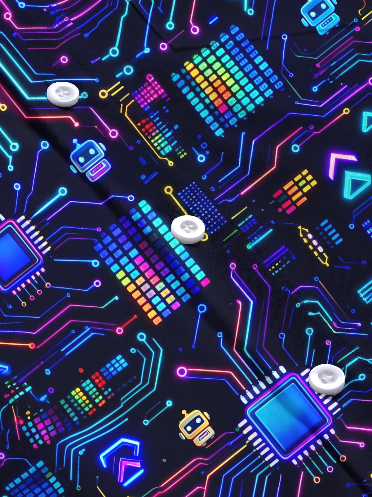 Oceanlyte Men's Retro Neon Circuit Board And Robot Icons Print Long Sleeve Shirt with Chest Pocket