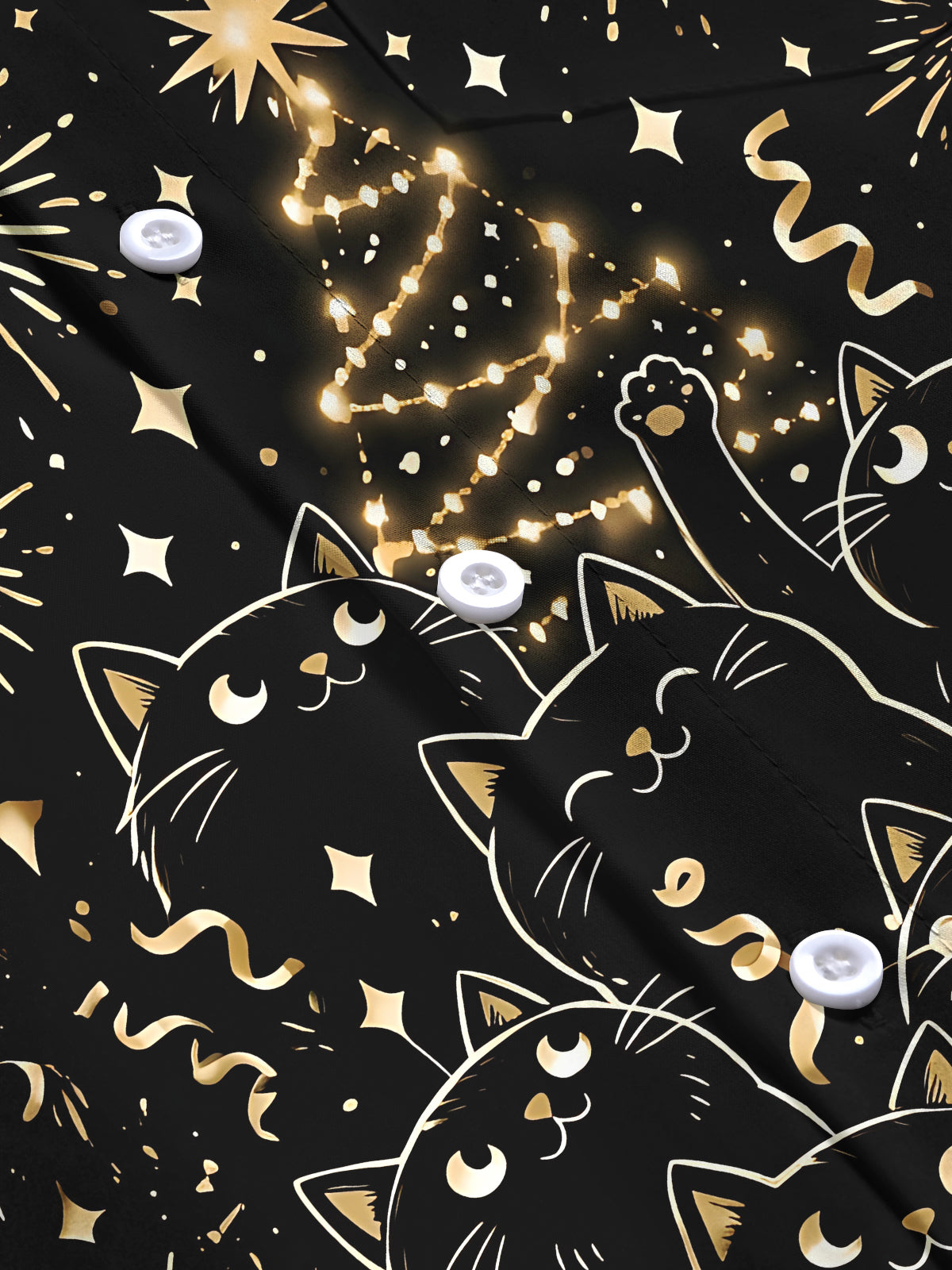 Oceanlyte Men's Long Sleeve Shirt - Black Cats And Christmas Tree With Fireworks Print with Chest Pocket