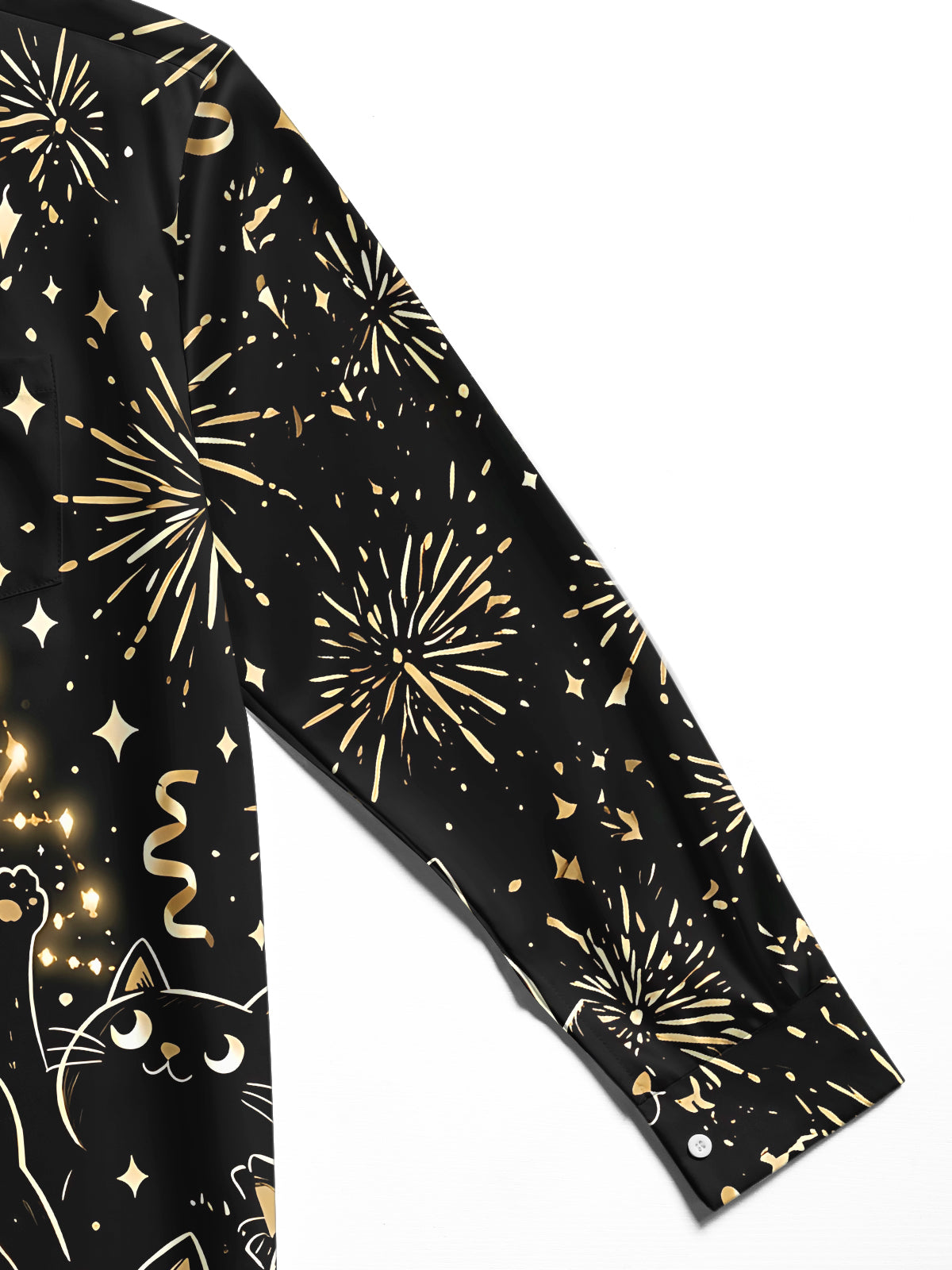 Oceanlyte Men's Long Sleeve Shirt - Black Cats And Christmas Tree With Fireworks Print with Chest Pocket