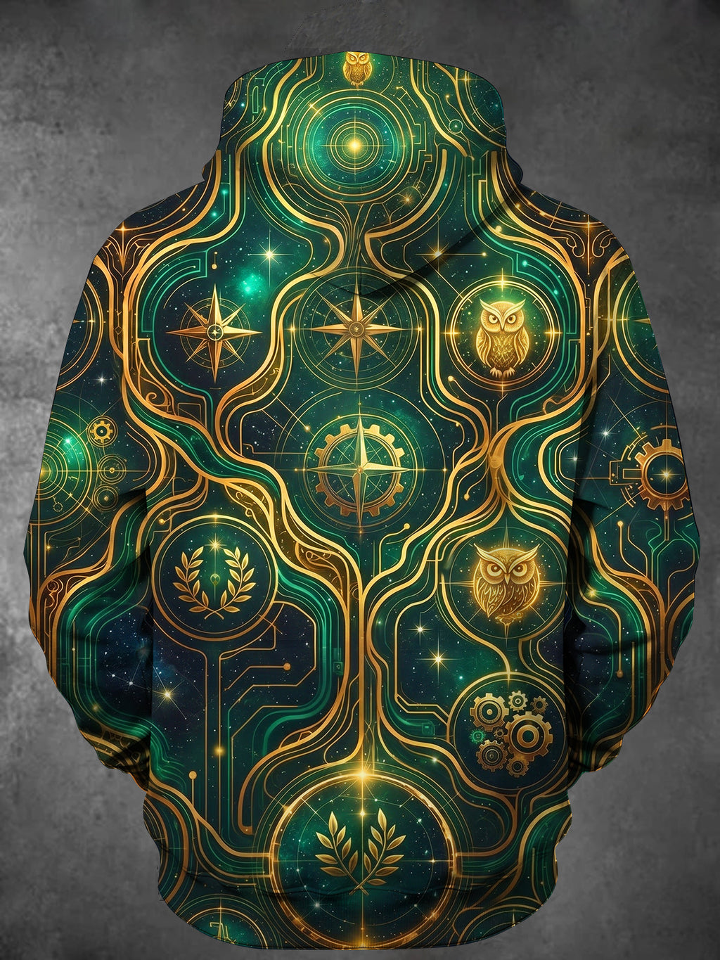 Oceanlyte Men's Owl And Star Map With Mechanical Gears Print Long Sleeve Hoodie