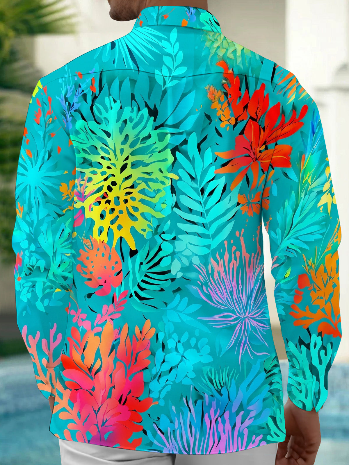 Oceanlyte Men's Hawaiian Tropical Leaves And Flowers Print Long Sleeve Shirt with Chest Pocket