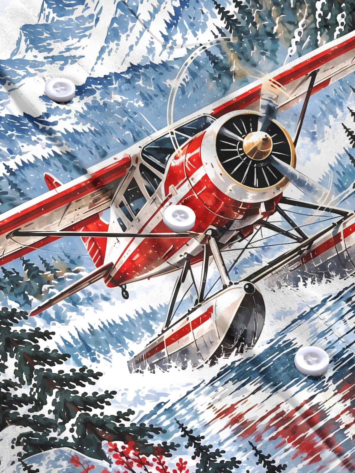 Oceanlyte Men's Graphic Vintage Snow Seaplane Print Long Sleeve Shirt with Chest Pocket