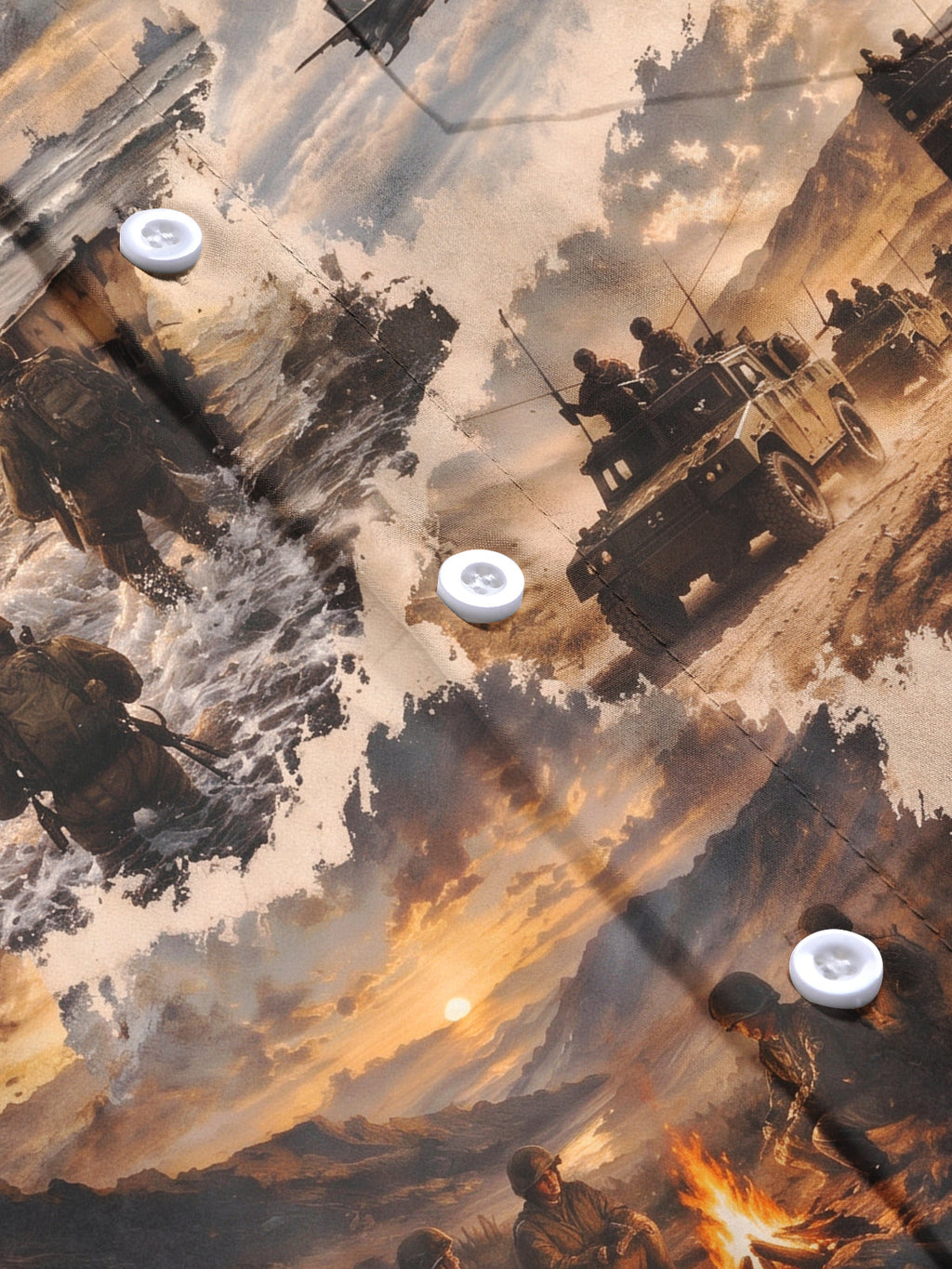 The "Operation Desert Storm" Oceanlyte Men's Long Sleeve Shirt - Military Soldiers And Beach Landing Scene Print with Chest Pocket