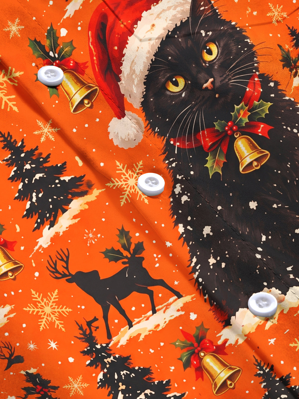 Oceanlyte Men's Long Sleeve Shirt - Black Cats With Santa Hats And Christmas Trees Print with Chest Pocket