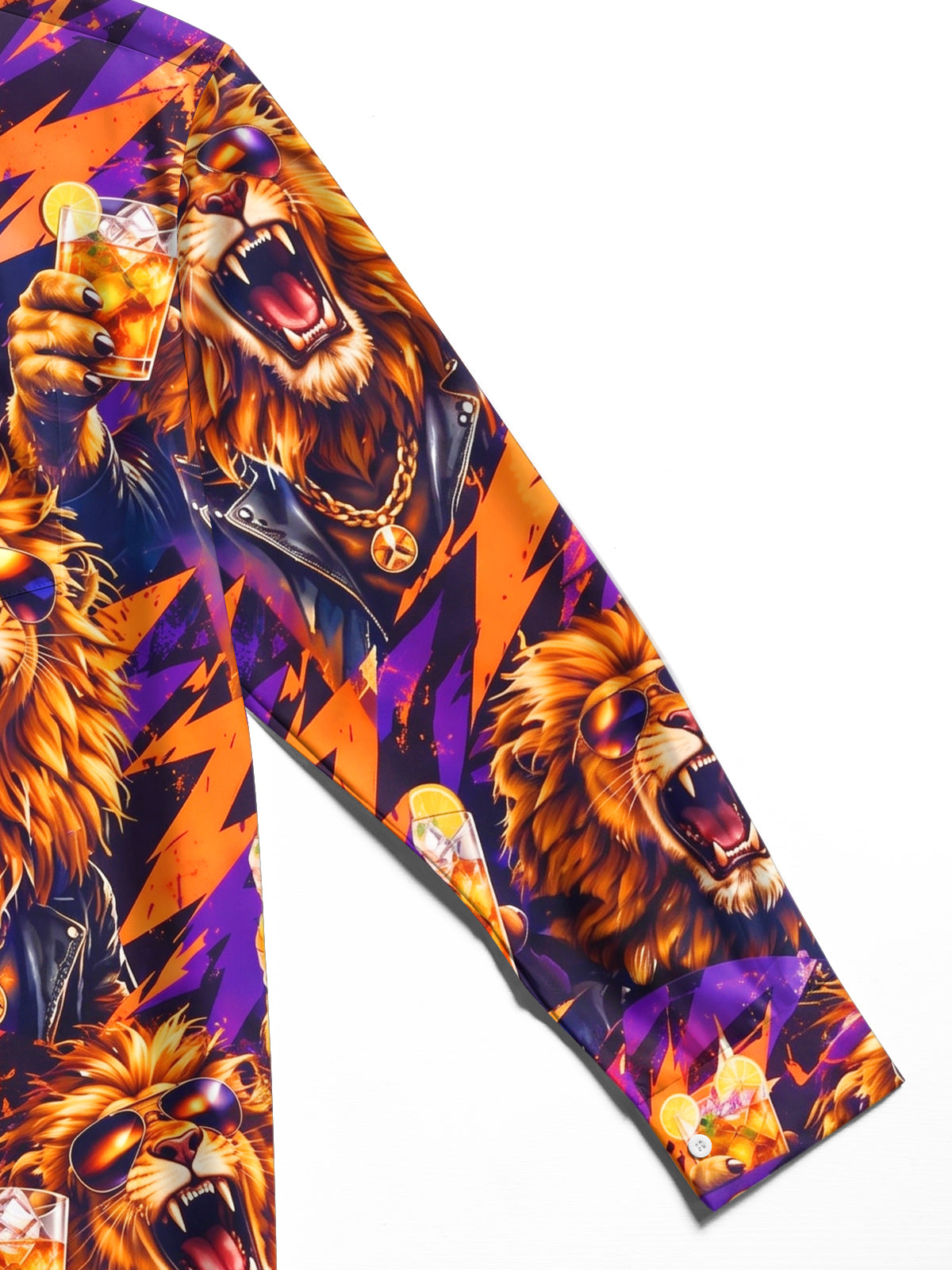 Oceanlyte Men's Hawaiian Lion With Sunglasses And Drink Print Long Sleeve Shirt with Chest Pocket