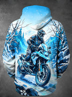Oceanlyte Men's Long Sleeve Hoodie - Motorcycle Rider In Snowy Mountain Landscape Print