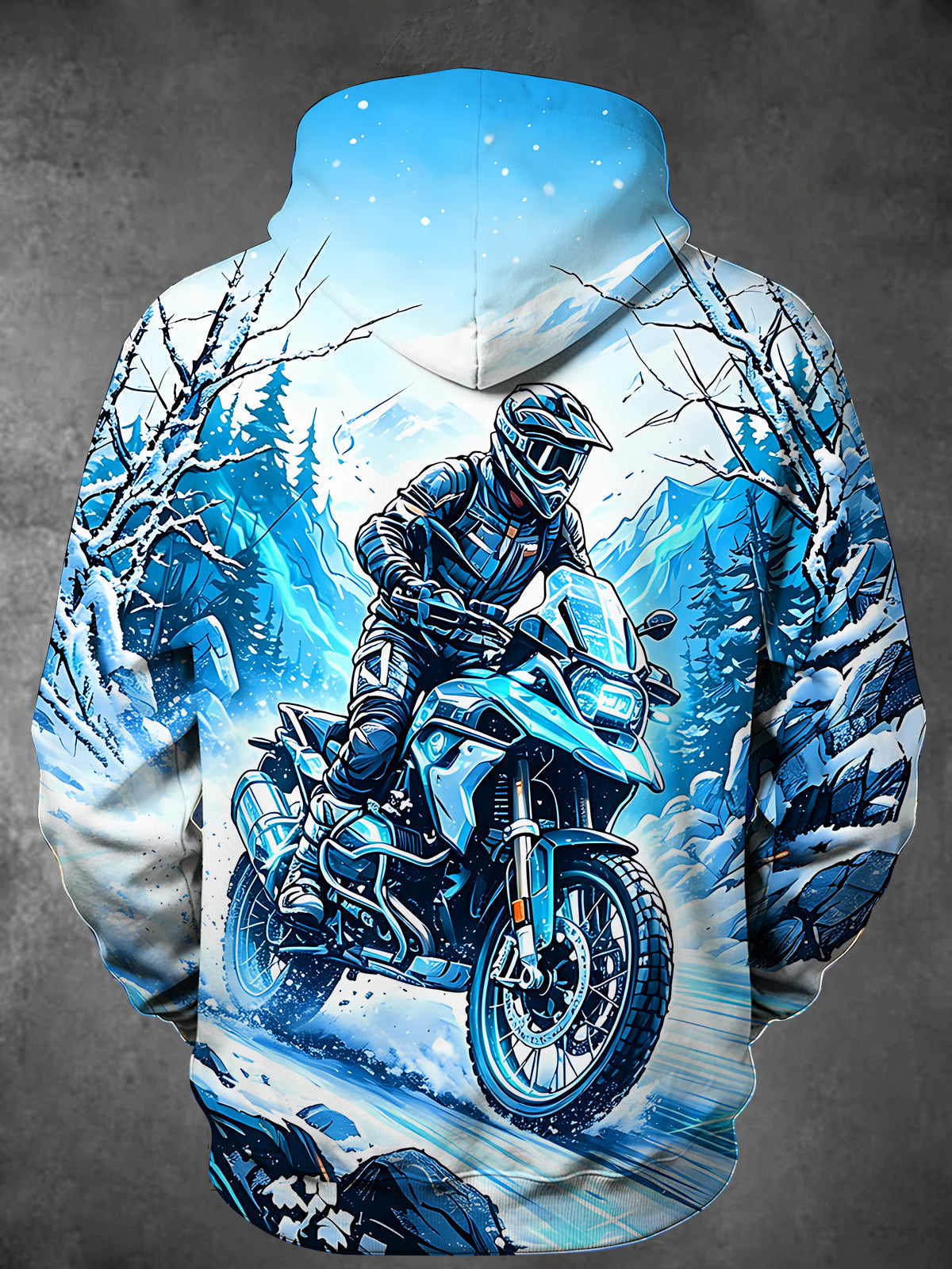 Oceanlyte Men's Long Sleeve Hoodie - Motorcycle Rider In Snowy Mountain Landscape Print