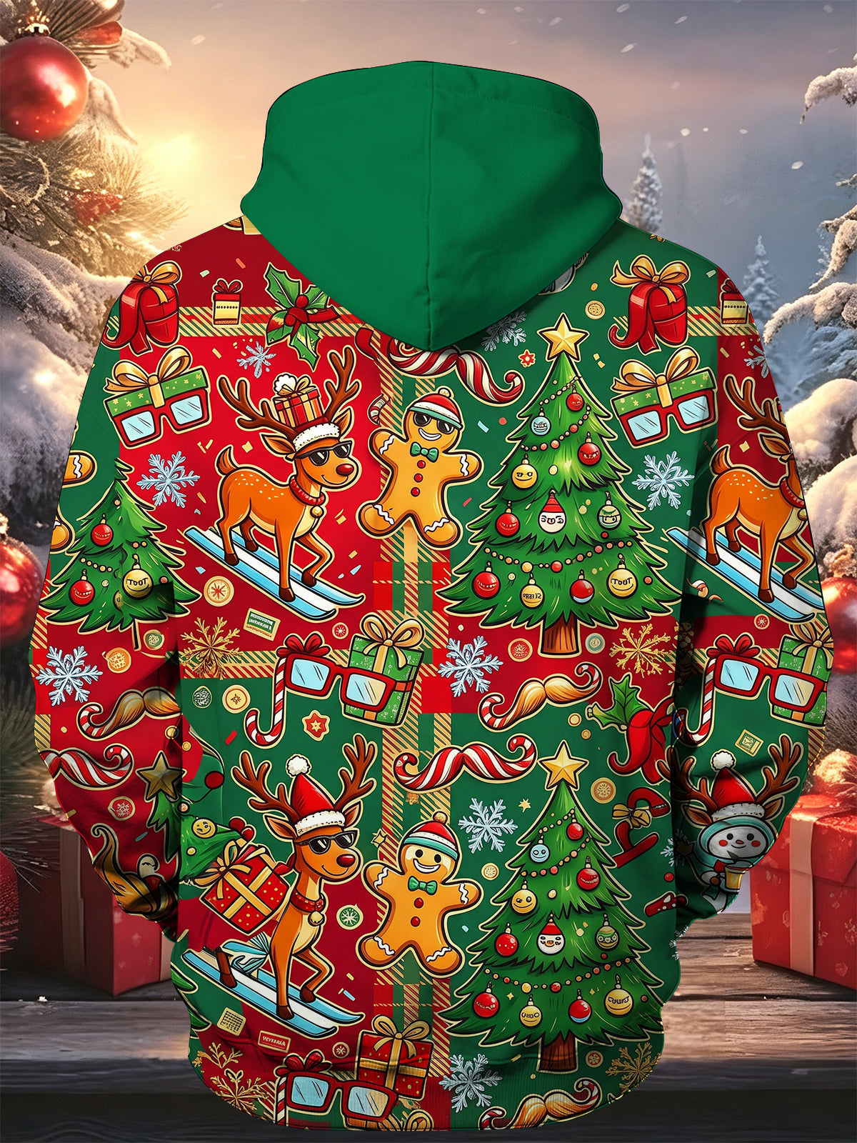 Oceanlyte Men's Graphic Gingerbread Man And Reindeer Print Long Sleeve Hoodie