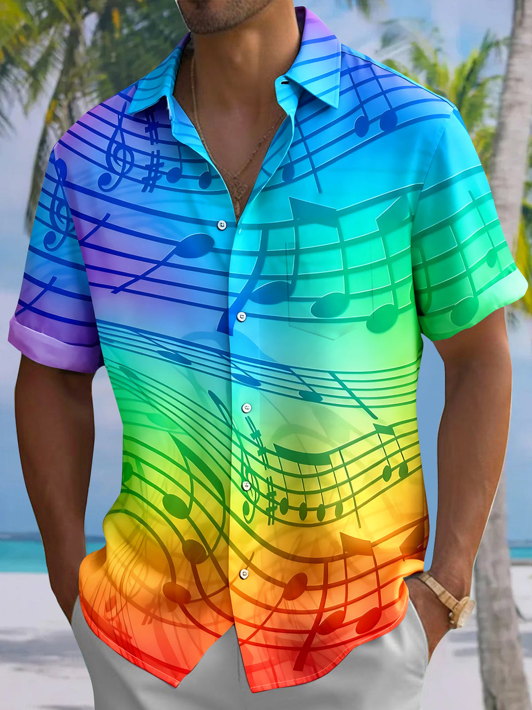 Men's Graphic Rainbow Music Notes Print Short Sleeve Button Down Shirt with Chest Pocket