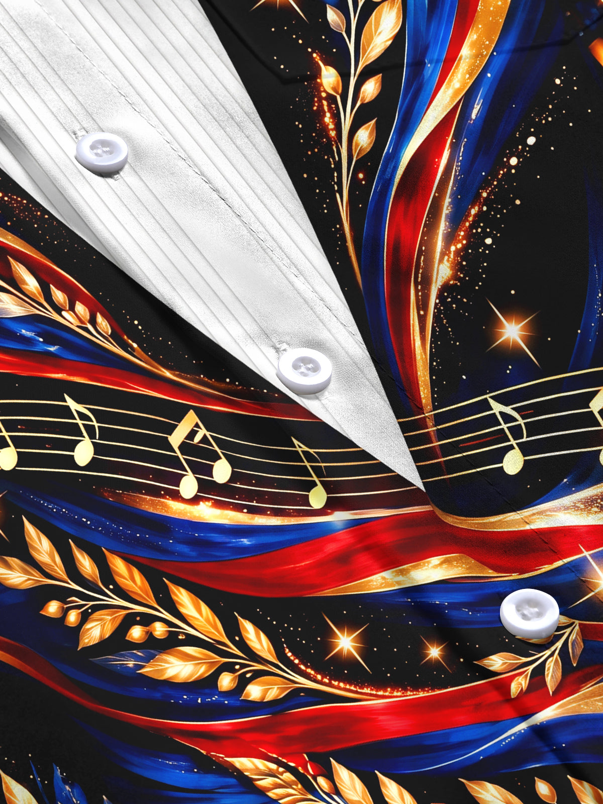 The "USO Showtime" Oceanlyte Men's Long Sleeve Shirt - Veterans Day Musical Notes And Gold Leaves With Patriotic Ribbons Print with Chest Pocket