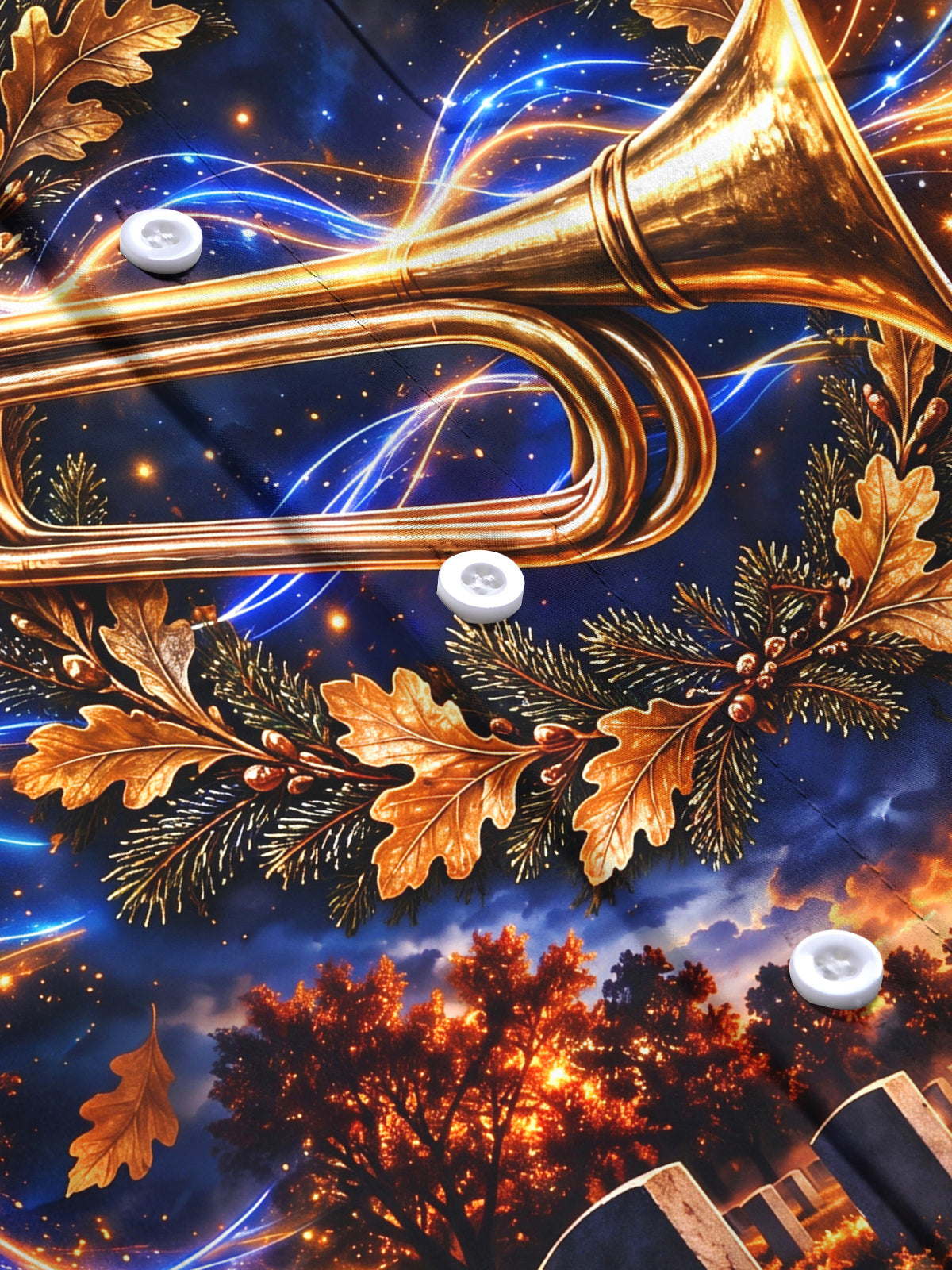 Oceanlyte Men's Long Sleeve Shirt - The "Echoes of Taps" Golden Trumpet And Autumn Leaves Print with Chest Pocket