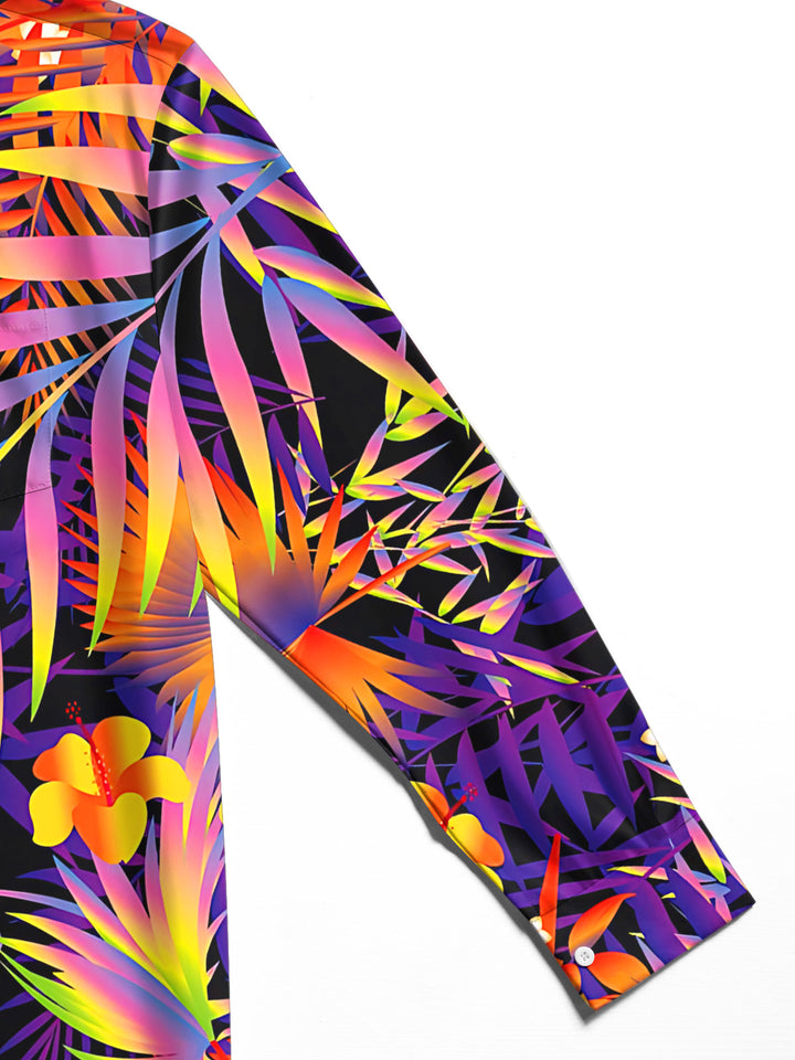 Oceanlyte Men's Neon Gradient Tropical Leaves Print Long Sleeve Shirt with Chest Pocket