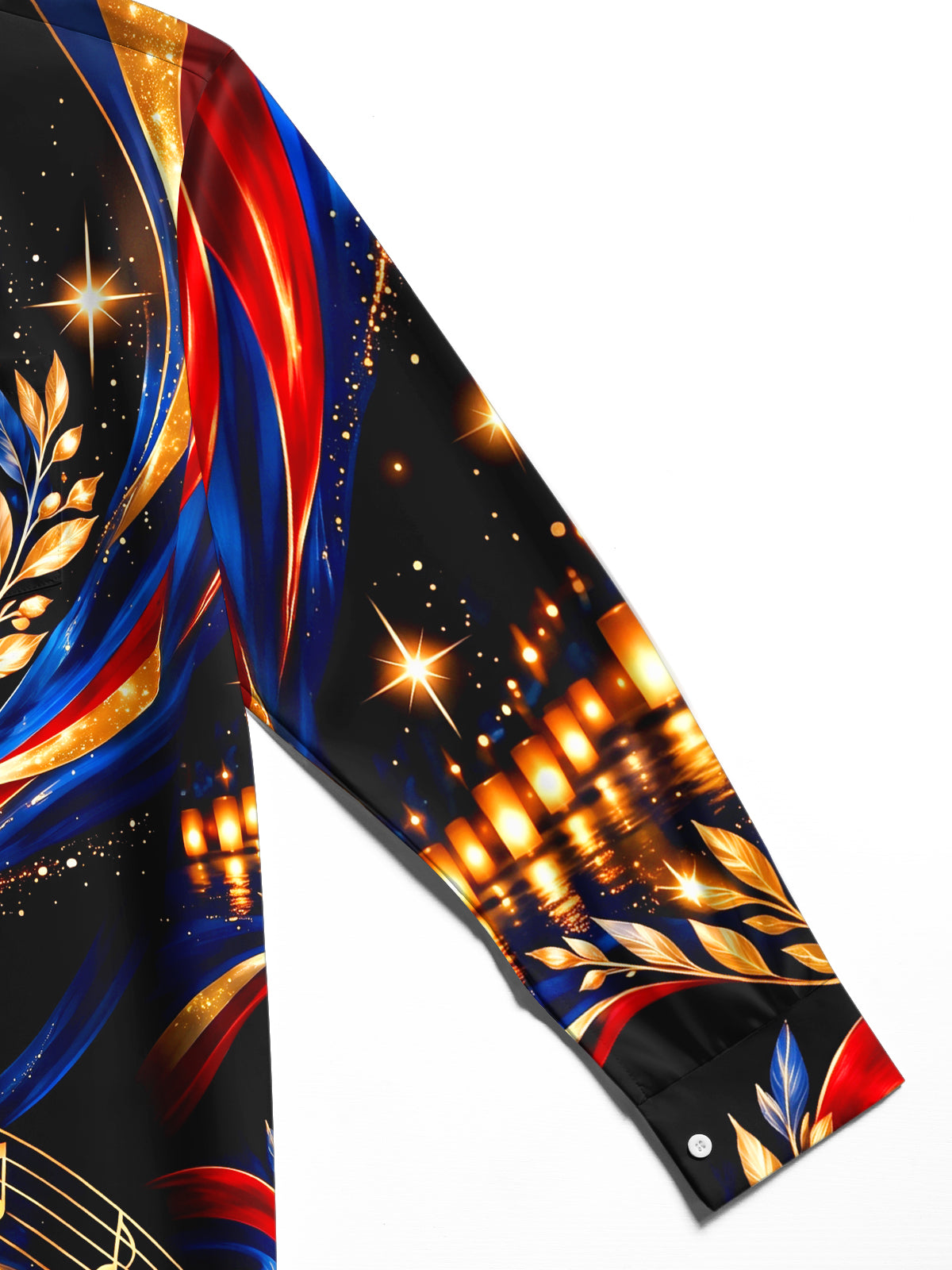 The "USO Showtime" Oceanlyte Men's Long Sleeve Shirt - Veterans Day Musical Notes And Gold Leaves With Patriotic Ribbons Print with Chest Pocket