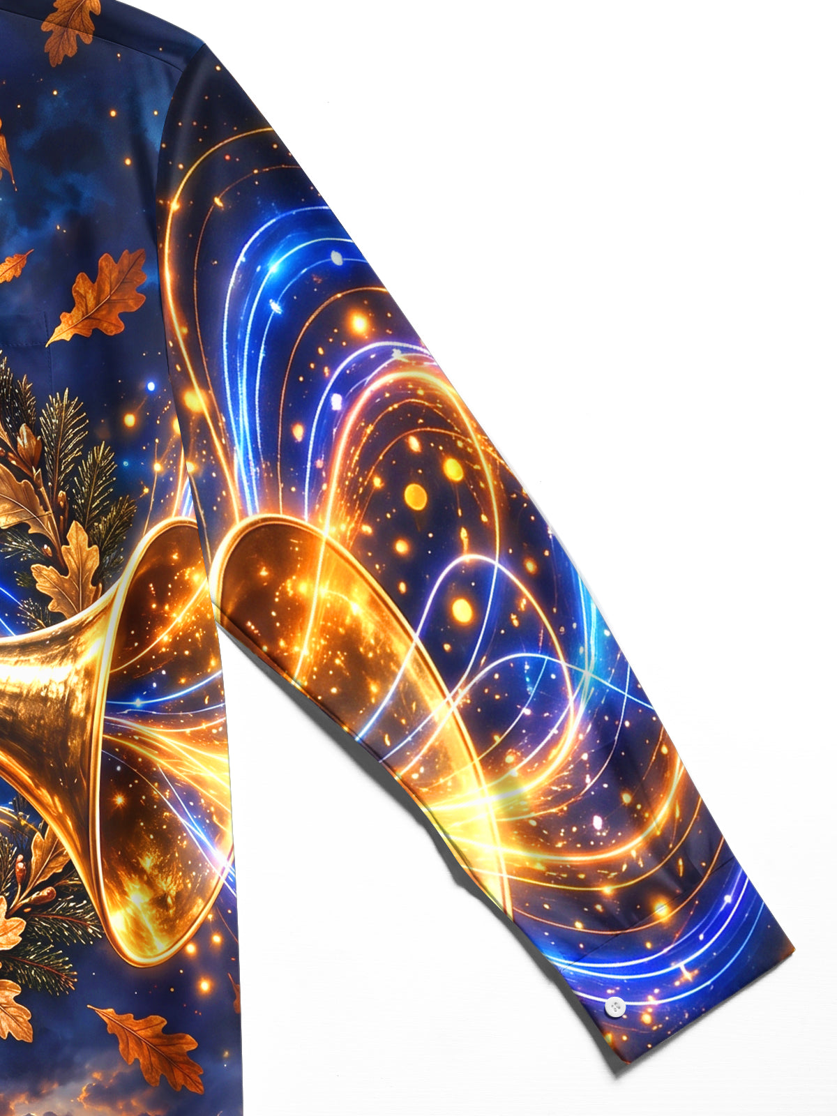 Oceanlyte Men's Long Sleeve Shirt - The "Echoes of Taps" Golden Trumpet And Autumn Leaves Print with Chest Pocket