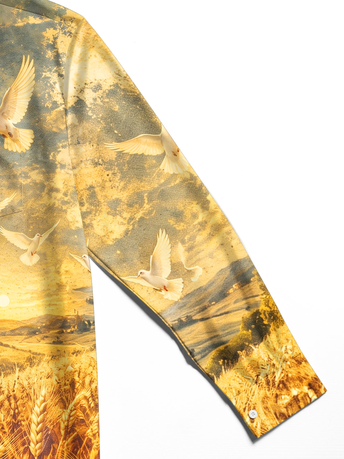 The "Home from the War" Oceanlyte Men's Long Sleeve Shirt - Vintage Canteen And Flying Doves Over Wheat Field Print with Chest Pocket