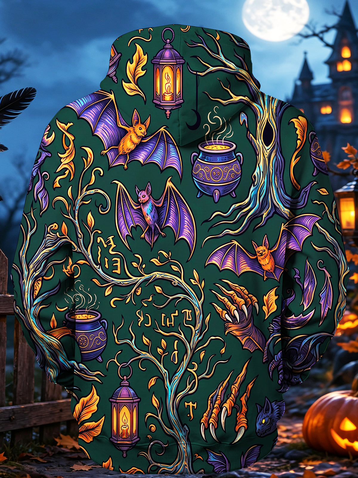 Oceanlyte Men's Long Sleeve Hoodie - Halloween Bats And Cauldrons In A Dark Forest Print