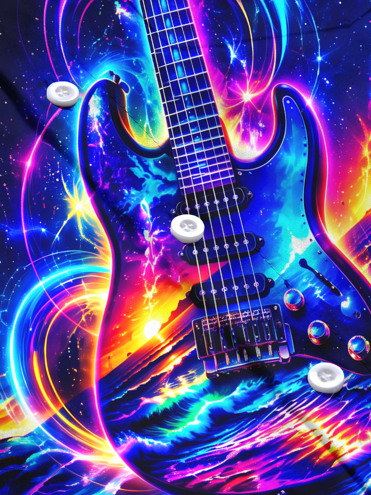 Oceanlyte Men's Neon Electric Guitar And Sunset Ocean Print Long Sleeve Shirt with Chest Pocket