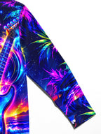 Oceanlyte Men's Neon Electric Guitar And Sunset Ocean Print Long Sleeve Shirt with Chest Pocket