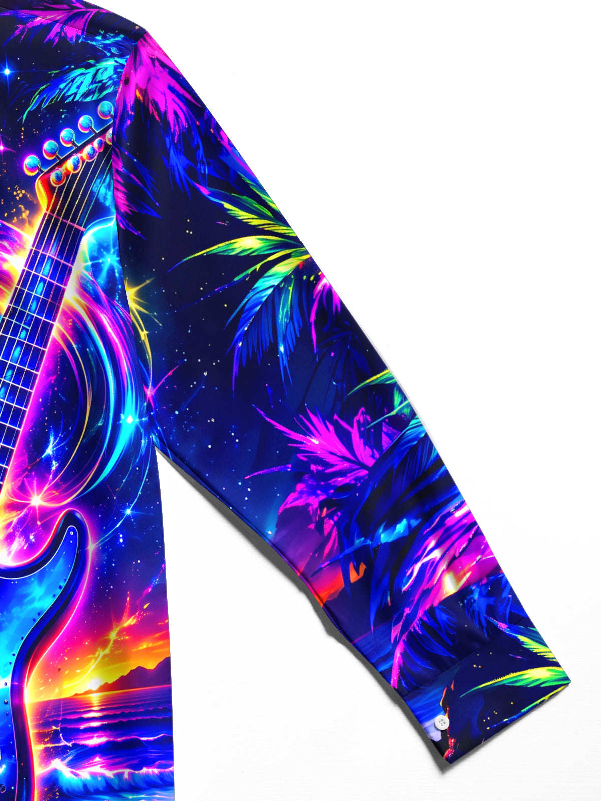Oceanlyte Men's Neon Electric Guitar And Sunset Ocean Print Long Sleeve Shirt with Chest Pocket