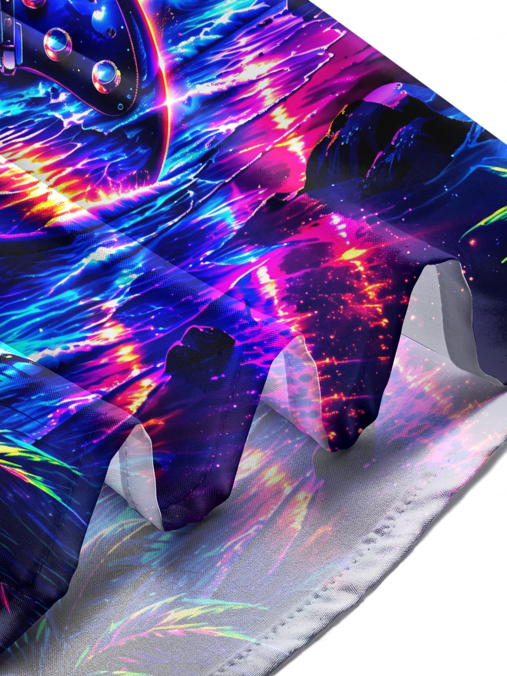 Oceanlyte Men's Neon Electric Guitar And Sunset Ocean Print Long Sleeve Shirt with Chest Pocket