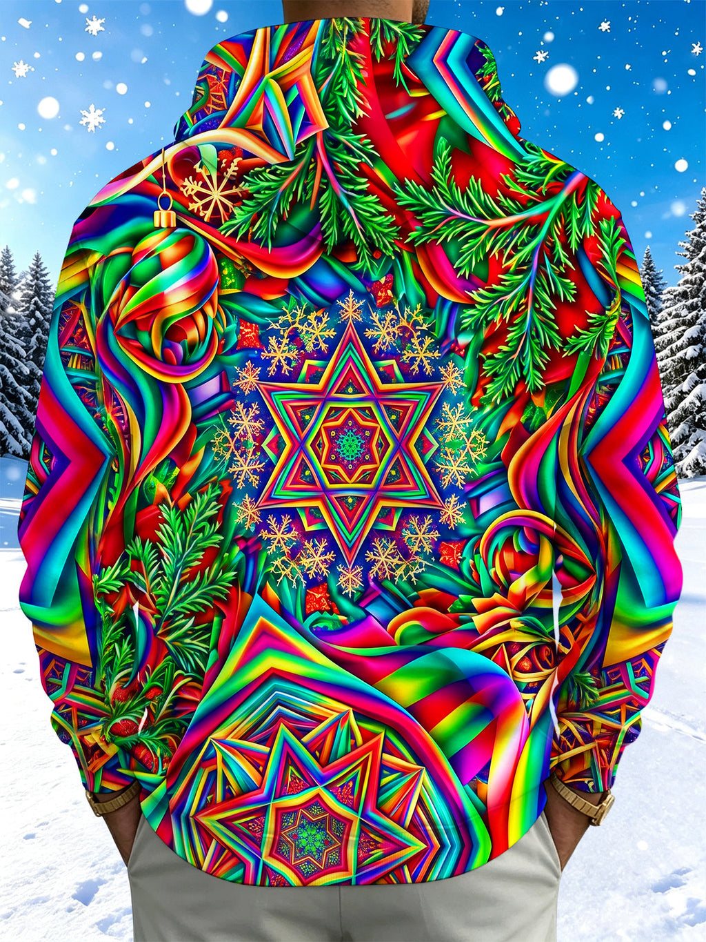 Oceanlyte Men's Long Sleeve Hoodie - Christmas Psychedelic Mandala With Snowflakes And Pine Branches Print